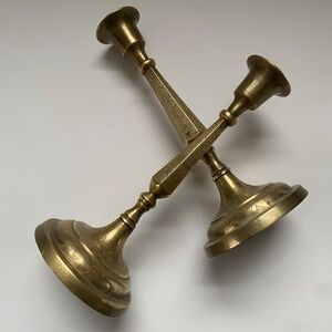 Antique Brass Hand Chased Pair Candlesticks Chinoiserie